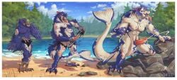 absurd_res amur_carp anthro avian barazoku beach bird blue_eyes bodily_fluids bottomwear carp claws clothing corvid corvus_(genus) crow cum cyprinid cypriniform fish forest genital_fluids genitals gills growth hi_res koi lake male marine masturbation muscular muscular_male open_mouth oscine outside passerine penis plant ripping saliva sand seaside sequence sky solo species_transformation swimwear tail tail_burst tears teeth tongue torn_bottomwear torn_clothing transformation tree typical_carp water wings yaflee