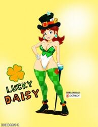 blue_eyes brown_hair cane hat hi_res high_heels highres idendrawx leotard mario_(series) princess_daisy saint_patricks_day