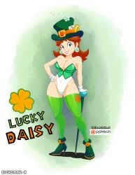 blue_eyes brown_hair cane hat hi_res high_heels highres idendrawx leotard mario_(series) princess_daisy saint_patricks_day