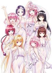 :> asymmetrical_clothes black_boots black_clothes black_gloves black_shorts blue_eyes boots braid character_name detached_sleeves female fingerless_gloves gloves knife konjiki_no_yami kotegawa_yui kurosaki_mea lala_satalin_deviluke long_hair midriff momo_velia_deviluke nana_asta_deviluke navel red_hair sairenji_haruna short_shorts simple_background thighs to_love-ru to_love-ru_darkness weapon yabuki_kentarou yuuki_mikan