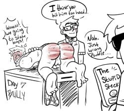 2023 3boys backsack bottomless feet flushed flushed_face human jock limited_palette male_feet male_only nerd nerdy_male restrained science spanked spanked_butt spanking spanksgiving speech_bubble stupid stupid_looking swirly_eyes thevoidleaper underwear underwear_around_ankle whip_marks
