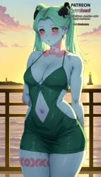 1girls :o ai_generated alternate_breast_size alternate_costume arms_behind_back artificial_eye artist_name bare_shoulders beach blue_skin blush breasts cleavage clothing_cutout cloud collarbone colored_sclera colored_skin cowboy_shot cyberpunk:_edgerunners cyberpunk_2077 dress gradient_sky green_dress green_eyes green_hair horizon large_breasts leg_tattoo long_hair looking_at_viewer lovehent mechanical_eye medium_breasts navel navel_cutout neck_tattoo ocean outdoors railing rebecca_(cyberpunk) rebecca_(edgerunners) red_pupils red_sclera short_dress sky solo spaghetti_strap stomach_tattoo sun sunset tattoo thick_thighs thighs twintails water wet