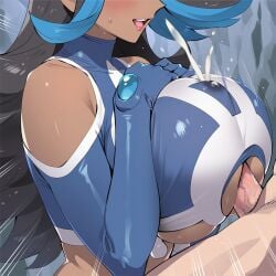 1boy 1girls ai_generated black_hair blue_eyeshadow blue_hair breasts cum cum_through_clothes cumming dark-skinned_female dark_skin darklust ejaculation eyeshadow female interracial male paizuri paizuri_under_clothes pokemon pokemon_oras shelly_(pokemon) team_aqua two_tone_hair underboob
