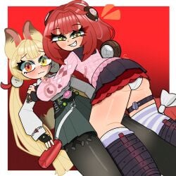 2girls :o alice_thymefield ass ass_up black_skirt blonde_hair bunny_ears bunny_girl cardigan edexia_lazy_(artist) green_eyes green_skirt hand_on_another's_arm heterochromia huge_thighs leggings long_hair looking_at_viewer orange_eyes panties red_eyes red_hair school_uniform skirt stockings thigh_strap twintails ukinami_yuzuha underwear white_panties zenless_zone_zero