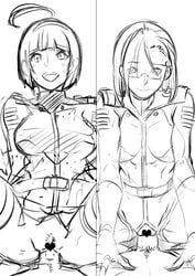 2010s 2girls ahoge bob_cut bottomless breasts butcha-u censored eroquis female glasses huge_ahoge human kaoru_niimi large_breasts makoto_harada monochrome multiple_girls penis pov pubic_hair semi-rimless_glasses short_hair sketch smile space_battleship_yamato space_battleship_yamato_2199 uniform vaginal_penetration