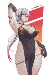 1girls arlecchino_(genshin_impact) breasts dress female female_focus female_only genshin_impact large_breasts light-skinned_female light_skin looking_at_viewer melowh one_arm_up solo thighs white_background