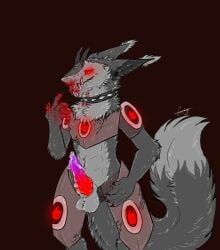 anthro blood blood_in_mouth blood_on_face blood_on_hand bodily_fluids collar fangs fur genital_fluids glowing glowing_eyes grey_body grey_fur grey_underbelly hybrid jacob_vinogradov knot long_tail machine male male/male multicolored_body multicolored_fur precum protogen robotic sergal sharp_teeth smile solo spiked_collar spikes standing tail teeth teeth_showing underbelly unknown_artist