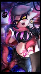 @_@ bell_earrings black_gloves breasts callie_(splatoon) earrings gloves highleg highleg_panties large_breasts looking_at_viewer mole mole_under_eye mugyiiiii_ika navel nintendo octo_callie open_mouth panties pink_panties pointy_ears splatoon splatoon_2 splatoon_2:_octo_canyon tattoo tentacle tentacle_hair tentacle_rape underwear yellow_eyes