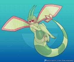 anus bent_legs breasts dex_appeal female flygon generation_3_pokemon genitals green_body green_hair hair hi_res hugging_legs humanoid knees_pulled_up looking_at_viewer monster_girl_(genre) nintendo nipples nude pokemon pokemon_(species) pokemorph presenting pussy simple_background smile smiling_at_viewer solo spread_vulva spreading tail teeth vulva wings