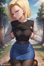1girls ai_generated android_18 artist_name belt black_pantyhose black_shirt blonde_hair blue_eyes blue_skirt blue_sky breasts brown_footwear closed_mouth clothes_lift cloud collarbone day denim denim_skirt dragon_ball dragon_ball_super dragon_ball_z earrings hi_res jewelry kneeling large_breasts long_sleeves looking_at_viewer outdoors pantyhose patreon_logo patreon_username rule34lab shirt shirt_lift short_hair skirt sky solo striped_clothes striped_sleeves tree web_address