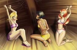 3girls alex_(totally_spies) arms_above_head arms_behind_back arms_behind_head attic ball_gag barefoot bikini black_hair blonde_female blonde_hair blonde_hair_female bondage bound_ankles brown_hair brunette_female brunette_hair brunette_hair_female clover_(totally_spies) commentary_request exposed_midriff female femsub imminent_rape imminent_sex kidnapped kidnapped_female looking_at_viewer multiple_subs red_hair redhead_female rope_bondage sam_(totally_spies) sandals sex_slave slave spider_web totally_spies uncanny_joed wooden_floor wooden_wall