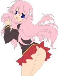 ass baka_to_test_to_shoukanjuu blue_eyes hair_ornament hairclip highres himeji_mizuki legs long_hair looking_back miniskirt no_panties photoshop pink_hair school_uniform simple_background skirt thighs upskirt vector_trace