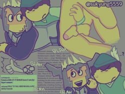2boys alternate_costume bottomless bottomless_male english_text forsaken_(roblox) gay gay_sex hand_on_leg leg_up legs_up male male/male male_only official_alternate_costume request requested roblox shedletsky shedletsky_(forsaken) sukyung5559 sweat_beads sweatdrop unibrow watermark yellow_skin