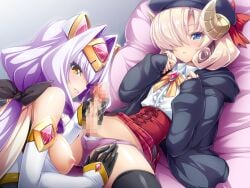1boy age_difference azarin_(kouyoku_senki_exs-tia) bare_shoulders beret black_gloves blonde_hair blue_eyes blush bow bow_panties breasts censored clothes_lift crossdressing cum detached_sleeves elbow_gloves exs-tia_magica female game_cg gloved_handjob gloves hair_intakes hair_over_one_eye handjob hat headgear horns inoino kouyoku_senki_exs-tia large_breasts large_variant_set long_hair looking_at_viewer lying male mosaic_censoring nipples non-web_source official_art on_back onee-shota panties penis penis_in_panties picologil purple_hair purple_panties ribbon sheep_horns short_hair skirt skirt_lift smile spread_legs straight thighhighs trap underwear variant_set yellow_eyes yellow_trim