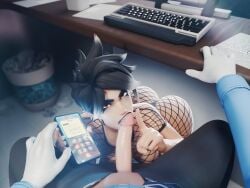 1boy 1girls 3d 3d_(artwork) ass big_ass big_penis biting_penis black_hair black_lipstick blizzard_entertainment blowjob blowjob_under_table cum cum_in_mouth fellatio female femdom fishnet_clothing fishnets large_ass large_penis lena_oxton light-skinned_female light-skinned_male lipstick looking_at_viewer male male/female male_pov mirrorwatch multicolored_hair operative_oxton oral oral_sex overwatch overwatch_2 penis red_eyes rhywlad short_hair straight thong tracer under_desk under_the_table white_hair