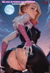 absurd_res ai_art ai_generated ass ass_focus ass_grab ass_up asshole back_view blonde_female blonde_hair blonde_hair bodysuit caption dripping exposed gwen_stacy gwen_stacy_(spider-verse) hi_res highres lazyrainbow marvel marvel_comics patreon patreon_url patreon_username pussy pussy_juice pussy_juice_drip sadtomato spider-gwen spider-man:_across_the_spider-verse spider-man:_into_the_spider-verse spider-man_(series) torn_bodysuit