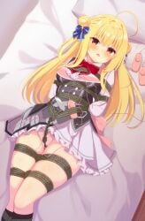 absurdres ahoge arms_behind_back black_socks blonde_hair blue_bow blush bondage bondage bondage bound bound_arms bound_legs bound_thighs bound_torso bow bowtie breasts cameltoe clothes_lift commentary_request commission crotch_rope d: double_bun dutch_angle eyes_visible_through_hair feet_out_of_frame female frilled_shirt frilled_skirt frills from_above frown grey_skirt hair_between_eyes hair_bun hair_intakes hairbow hamidashi_creative hamuta_(machosbrown) highres huge_ahoge izumi_hiyori kneehighs long_hair long_sleeves looking_at_viewer lying medium_breasts miniskirt on_back on_bed open_mouth panties pink_panties pleated_skirt red_bow red_bowtie red_eyes rope school_uniform sex_toy shirt skeb_commission skindentation skirt skirt_lift socks solo straight_hair thighs two_side_up underwear vibrator vibrator_cord vibrator_under_clothes white_shirt
