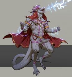 anthro balls bodypaint cape cloak clothed clothing dragon electricity erection flying foreskin genitals hi_res humanoid_genitalia humanoid_penis lightning magic male muscular mythological_creature mythological_scalie mythology pacelic penis rangstrom scalie solo uncircumcised