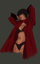 1girls after_sex bite_mark bite_mark_on_breast bite_marks black_panties bruise bruise_on_face bruised_leg cleavage devil_may_cry devil_may_cry_1 devil_may_cry_3 female female_focus female_only half-dressed half_naked half_naked_female heterochromia hickey hickey_marks jacket jacket_open kakemakes lady_(devil_may_cry) markings navel panties scar scar_on_face short_hair solo solo_female solo_focus thighs toned toned_female toned_stomach