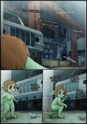 absurd_res ambiguous_gender breasts car colored comic detailed_background digital_drawing_(artwork) digital_media_(artwork) english_text female feral genitals goblin green_body green_skin greenbuncafe hi_res humanoid inner_monologue mammal medium_breasts mouse murid murine nipples nude open_mouth outside pointy_ears post-apocalyptic pubes pussy raining red_eyes rodent shaded short_stack signature solo text thinking vehicle vulva