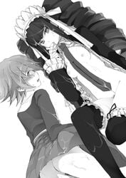 1boy androgynous ass black_legwear breasts celestia_ludenberg cum cum_on_body cum_on_hair cum_on_upper_body danganronpa drill_hair dutch_angle facial fujisaki_chihiro gothic_lolita kaimuari lolita_fashion monochrome necktie nipples no_panties short_hair straight straight_hair thighhighs twin_drills