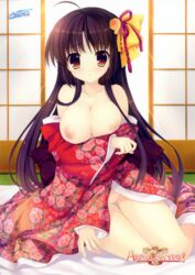 alia's_carnival! black_hair breasts brown_eyes cleavage female futon hair_ornament high_resolution japanese_clothes kimono kimono_pull legs long_hair mitha nipples no_bra no_panties open_kimono pussy_juice saijo_karin sitting sliding_doors tatami yokozuwari