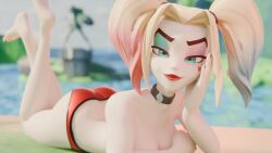 1girls 3d ass batman_(series) bedroom_eyes blonde_hair blue_eyes breasts choker dc dc_comics female harley_quinn harley_quinn_(multiversus) light-skinned_female light_skin looking_at_viewer lying lying_on_stomach multiversus pale_skin red_bikini_bottom red_nails smile solo twintails warner_brothers white_skin