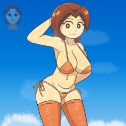 1girls 2025 alternate_version_available big_breasts bikini bikini_bottom bikini_top black_eyes breasts brown_hair bruhmynameisdylan cleavage female female_only light-skinned_female light_skin mii mii_gunner navel nintendo nipple_bulge sky solo solo_female super_smash_bros. thighhighs wii