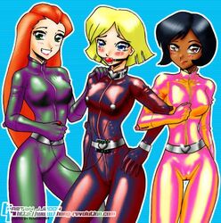 3girls alex_(totally_spies) ball_gag belt black_hair blonde_hair blue_eyes bodysuit bondage brown_eyes clover_(totally_spies) collar crying dark-skinned_female dark_skin drooling electrodes erect_nipples female female_only gag green_eyes handwear hazel_eyes human long_hair multiple_females nipple_bulge nipples orange_hair pale_skin pokies redhead remote sam_(totally_spies) short_hair skin_tight totally_spies trio yellow_eyes