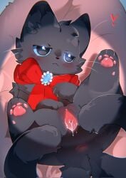 2_tails anus arknights black_body black_fur blue_eyes blush bodily_fluids bow_tie domestic_cat felid feline felis female feral feral_with_hair fluffy fluffy_ears fur gem genital_fluids genitals hair heart_symbol hi_res hypergryph inner_ear_fluff legs_up lying mammal miss_christine_(arknights) multi_tail on_back paws pillow presenting presenting_vulva red_bow_tie solo spread_legs spread_vulva spreading studio_montagne tail tuft vaginal_fluids vulva whiskers yinyufish