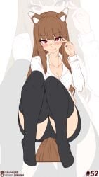 1girls animal_ears animal_tail black_panties black_pencil_skirt black_skirt black_thighhighs blush blush blushing_at_viewer blushing_female brown_hair brown_hair_female cameltoe clothed clothed_female cute_fang female female female_only flashing flashing_panties highres hime_cut holo kemono kemonomimi likunea long_hair long_hair_female looking_at_viewer medium_breasts office_clothing panties pencil_skirt red_eyes red_eyes_female shirt showing_off skirt sole_female spice_and_wolf tagme tail thighhighs white_shirt wolf_ears wolf_girl wolf_tail