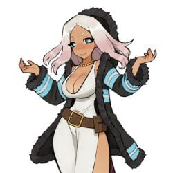 1girls belt blue_eyes dark-skinned_female en'en_no_shouboutai enen_no_shouboutai female female_only fire_force fur_coat gurumo necklace pink_hair pink_pupils princess_hibana solo tagme