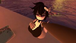 ass beach beach_background big_ass big_breasts black_hair black_panties bra ear_piercing fat_tits furry jewelry mommy mrhighvoice ocean_background panties purple_eyes ring scarf seductive_look selfie sexy sexy_pose shark_female shark_girl tail_piercing vrchat wristband
