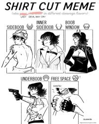1girls 2d back_view black_and_white black_hair blood_on_face blush boob_window breast_focus breast_grab breast_grab_from_behind breasts breasts_out cleavage confident damaged_clothes dante_(devil_may_cry) devil_costume devil_girl devil_horns devil_may_cry devil_may_cry_(series) devil_may_cry_3 devil_may_cry_4 devil_may_cry_5 embarrassed embarrassed_female english_text female female_focus grabbing grabbing_breasts grabbing_from_behind groping groping_breasts groping_from_behind gun lady_(devil_may_cry) multiple_poses niuniente no_bra offscreen_character pistol ripped_clothing ripped_shirt shirt_cut_meme short_hair shouting shower sideboob sunglasses text topless topless_female torn_clothes torn_clothing torn_shirt underboob wet wet_body wet_skin