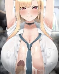 1boy after_armpit_sex after_paizuri aizawa_marimo alternate_breast_size armpits arms_up black_choker blonde_hair blue_necktie blush breasts censored choker clothed_sex commentary covered_nipples cum cum_on_armpits cum_on_body cum_on_breasts cum_on_clothes cum_on_hair cum_string dress_shirt earrings eyelashes facial female grin highres huge_breasts implied_after_fellatio jewelry kitagawa_marin long_hair looking_at_viewer mosaic_censoring necktie no_bra open_clothes open_shirt penis red_eyes shirt short_sleeves sidelocks smile solo_focus sono_bisque_doll_wa_koi_wo_suru steam steaming_body straight straight_hair stray_pubic_hair swept_bangs unbuttoned upper_body white_shirt