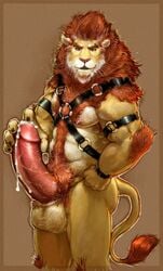 1male abs amber_eyes balls ballsack beard beefy biceps body_fur body_hair bondage_gear brown_hair chest_hair cum cum_drip erect_penis erection facial_hair feline furry hair hairy_male harness hybrid_genitalia hybrid_penis hyper hyper_balls hyper_penis leather leonine leonine_tail lion male male_only mane masculine masturbation mature_male muscular_male no_humans nude_male penis pockyrumz pubes pubic_hair scrotum sheath smile smooth_fur solo tail teeth testicles treasure_trail veiny_penis yellow_fur