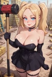 2d ai_generated ani ani_(twitter) blonde_hair blue_eyes cartoon cartoony companion_bot constriction curvy cute female grok grok_(x) looking_at_viewer needmymommy sledgehammer western_art worker