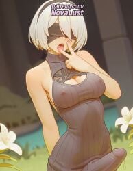 1futa 2025 ai_generated artist_name average_breasts bare_shoulders black_blindfold black_hairband blindfold blurry blurry_background blurry_foreground breasts bust chest cleavage cleavage_cutout covered_eyes covered_nipples depth_of_field dress facing_viewer flower futanari hairband hi_res high_quality high_resolution highres intersex lily_(flower) medium_breasts meme_attire mole mole_under_mouth nier:_automata normal_breasts novalust patreon patreon_username ribbed_sweater short_hair silver_hair sleeveless sleeveless_turtleneck solo stable_diffusion virgin_killer_sweater watermark white_flower yorha_2b