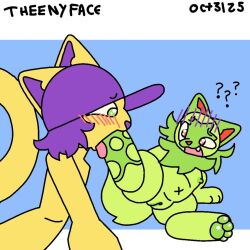 blush bodily_fluids butters_(theenyface) confusion domestic_cat feet felid feline felis foot_fetish foot_in_mouth fur furry generation_9_pokemon genitals green_body green_eyes green_fur hair mammal nintendo nipples open_mouth pawpads pokemon pokemon_(species) purple purple_hair red_eyes saliva sprigatito theenyface tongue vulva