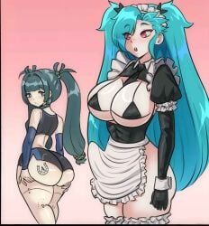 1futa akeno_(itsnafulol) apron apron_lift ass ass_focus bikini blue_hair blush branded breasts cleavage clothes_lift coffeexcoco erection female futa_on_female futa_with_female futadom futanari grabbing_own_ass green_eyes green_hair hairband height_difference horseshoe_tattoo huge_ass huge_breasts imminent_penetration imminent_sex joints long_hair looking_at_another looking_back maid maid_apron maid_bikini maid_headdress open_mouth pink_eyes presenting presenting_ass qingyi_(zenless_zone_zero) queen_of_akeno robot robot_girl robot_joints size_difference skirt skirt_lift smile sports_bra surprised swimsuit teasing thick_thighs thighs twintails unconventional_maid variant_set wide_hips zenless_zone_zero