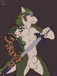 2025 animal_genitalia anthro arm_tattoo arm_tuft athletic athletic_male balls black_nose blue_eyes brown_body brown_fur canid canine canis cheek_tuft chest_tuft dated ear_piercing facial_tattoo facial_tuft fierce fur genitals green_body green_fur hi_res holding_melee_weapon holding_object holding_sword holding_weapon link looking_aside male mammal medium_hair melee_weapon navel nintendo nipples pecs piercing pink_nipples portrait sheath shoulder_tuft signature solo standing sword tattoo the_legend_of_zelda three-quarter_portrait tuft unsheathing_sword unsheathing_weapon ventkazemaru weapon whisker_spots white_body white_fur white_inner_ear wolf wolf_link