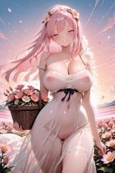 1girls ai_generated arbitrary blush breasts covered_nipples dress female flower flower_in_hair flowers hololive hololive_english hololive_myth large_breasts mori_calliope nipples_visible_through_clothing no_bra no_panties outdoors pink_eyes pink_hair pussy pussy_visible_through_clothes see-through solo sunset virtual_youtuber vtuber wind
