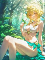 1girls absurd_res ai_generated alternate_costume arm_support ass bare_arms bare_legs bare_shoulders big_breasts bikini bikini_skirt blonde_hair blue_sarong blush breasts cleavage collarbone dappled_sunlight day feather_hair_ornament feathers feet_out_of_frame female female_only flower forest genshin_impact hair_between_eyes hair_flower hair_ornament halterneck hand_up holding holding_flower knees_together_feet_apart knees_up large_breasts leaf legs light-skinned_female lily_(flower) long_hair looking_at_viewer lumine_(genshin_impact) medium_breasts medium_hair ministro nature navel outdoors parted_lips plant sarong short_hair short_hair_with_long_locks sidelocks sitting solo stomach string_bikini sunlight swimsuit thighs tree vision_(genshin_impact) white_bikini white_flower yellow_eyes
