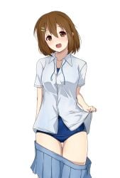 1girls female k-on! sakuragaoka_high_school_uniform simple_background solo swimsuit swimsuit_under_clothes tagme yasuc yui_hirasawa_(k-on!)