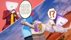 !? 2boys 2koma 3d alternate_costume anal blue_skin crossdressing deltarune deltarune_chapter_3 desert dishie_dark dubious_consent english_text face_out_of_frame from_behind fully_clothed gay holding_object koikatsu kris_(deltarune) male male/male male_nipples male_only microphone motion_lines nipples object_head open_mouth outdoors partially_clothed penis shocked smiling speech_bubble standing tagme teeth tenna_(deltarune) text tv_head yaoi