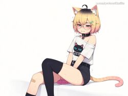 1girl ahegao ai_generated animal_ear_fluff animal_ears bangs blunt_bangs blush breasts cum cute_face dildo dildo_in_pussy dildo_insertion english_text female female_masturbation female_only hair_ornament kneehighs masturbation object_insertion off_shoulder open_mouth orgasm protocolxmilks pussy pussy_juice schoolgirl sex_toy simple_background sitting small_breasts socks solo solo_female spot_color sweat tail tiger_ears tiger_girl tiger_tail trembling uncensored virtual_youtuber white_background