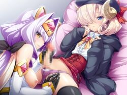 1boy age_difference azarin_(kouyoku_senki_exs-tia) bare_shoulders beret black_gloves blonde_hair blue_eyes blush bow bow_panties breasts censored clothes_lift crossdressing detached_sleeves elbow_gloves exs-tia_magica female game_cg gloved_handjob gloves hair_intakes hair_over_one_eye handjob hat headgear horns inoino kouyoku_senki_exs-tia large_breasts large_variant_set long_hair looking_at_viewer lying male mosaic_censoring nipples non-web_source official_art on_back onee-shota panties parted_lips penis penis_in_panties picologil purple_hair purple_panties ribbon sheep_horns short_hair skirt skirt_lift smile spread_legs straight thighhighs trap underwear variant_set yellow_eyes yellow_trim