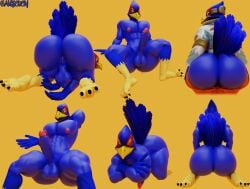 3d_(artwork) abs anthro ass avian backsack balls beak big_butt bird blue_body blue_feathers camseven claws clothing digital_media_(artwork) falco_lombardi feathers genitals hi_res jacket looking_at_viewer looking_back looking_back_at_viewer male nintendo nipples nude_anthro nude_male pecs penis simple_background solo star_fox tail tail_feathers toe_claws topwear yellow_background yellow_beak yellow_talons
