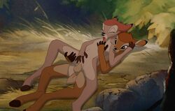 1boy 1girls 5_fingers anthro anthro_on_anthro balls bambi_(character) bambi_(film) brown_eyes brown_fur brown_hair cervine chugging couple cub deer digitigrade disney embrace faline fawn female forest furry grass hooves lying male mammal markings no_humans outdoors penetration penis pussy reverse_cowgirl_position sex straight tan_fur testicles the_giant_hamster tree vaginal_penetration young