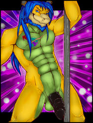 1boy balls barbs dog-bone ear_piercing flaccid furry koopa looking_at_viewer male male_only mario_(series) muscles nintendo no_humans nude penis piercing pole scar solo video_games